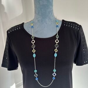 Women NWOT Chaps Multi Blue Green Silver Tone Long Station Necklace